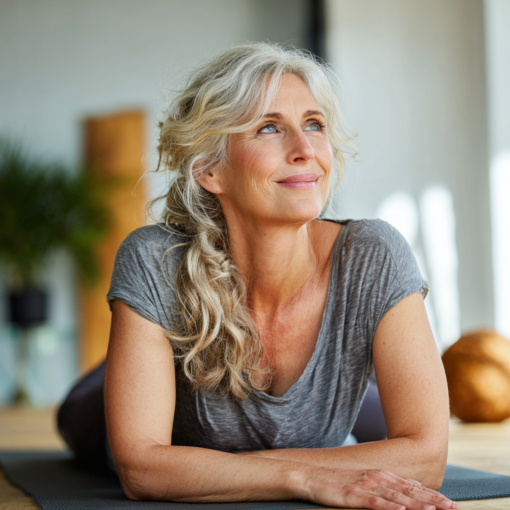 Жена на 55 години в удобна поза на йога, усмихната и спокойна на йога килимче в светла стая
