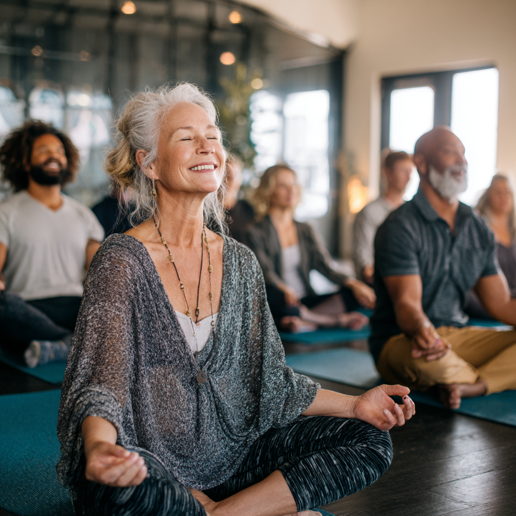 Група от хора в различна възраст, включително жена на 60 години, практикуват йога заедно в светла зала, усмихнати и спокойни